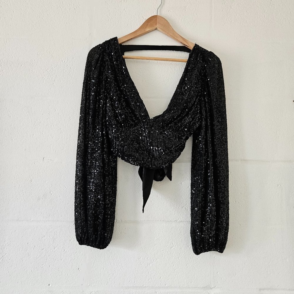 Papaya clothing long sleeve crop top black sequin with bow tie ribbon in back M